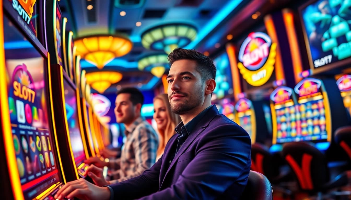 Menggambarkan Slot77 dengan mesin permainan yang menarik di kasino yang mewah.