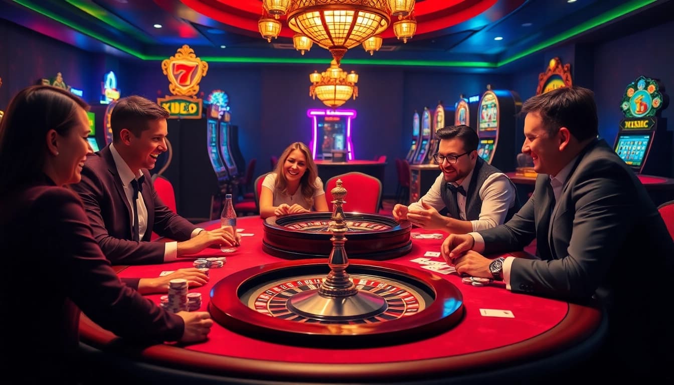 Players enjoying a thrilling poker game at KU88 Casino, showcasing excitement and luxury.
