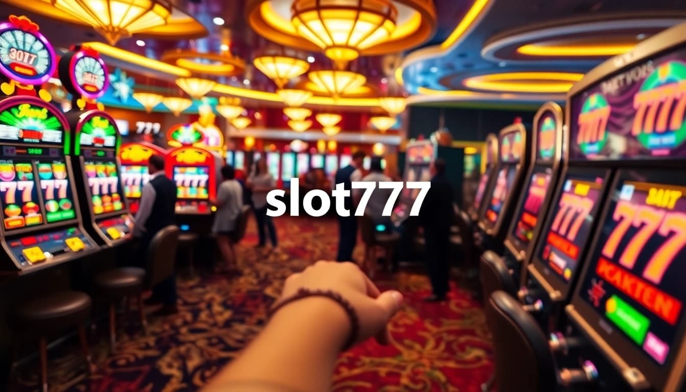 Exciting gameplay at slot777 with vibrant slot machines, colorful chips, and jackpot thrills.