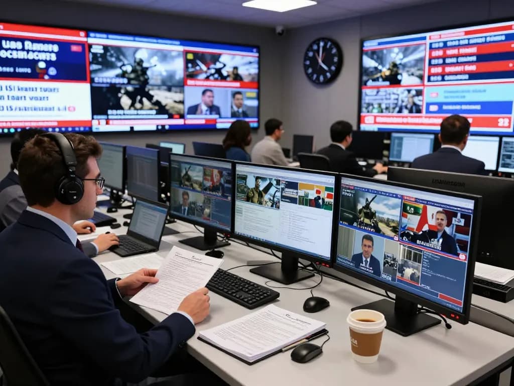 Newsroom reporting on US Iran war updates with journalists collaborating and multiple screens displaying live news.