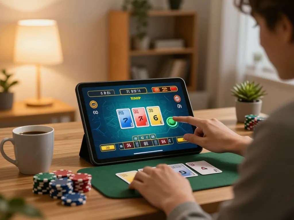 56WIN player enjoying live dealer game on tablet, showcasing engaging and responsible gambling experience