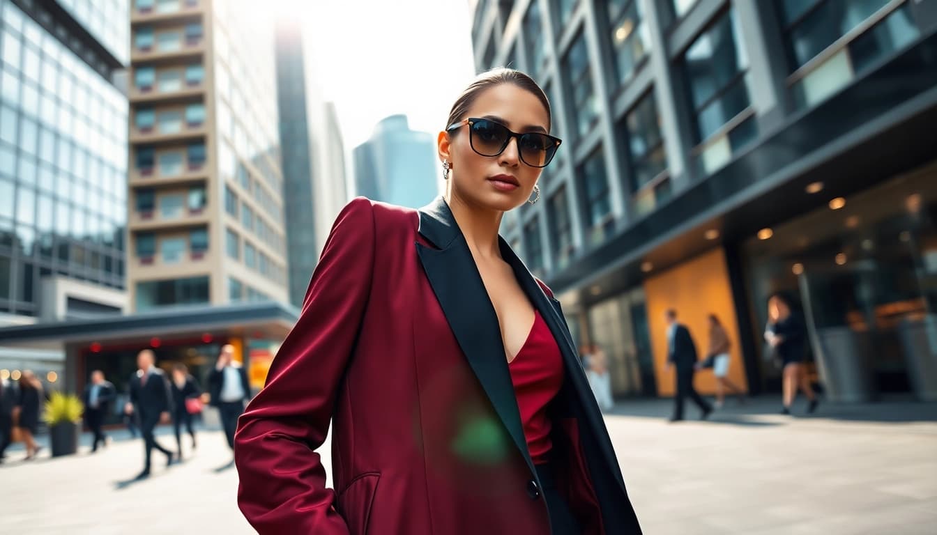Highlighting fashion elegance, a model stands confidently in a vibrant urban setting.