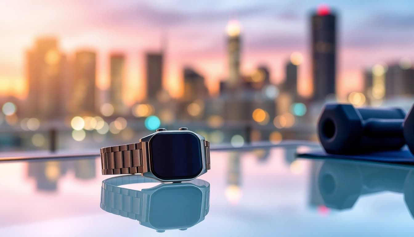 Showcasing a sleek Ringconn smartwatch on a vibrant surface, emphasizing modern fitness technology.