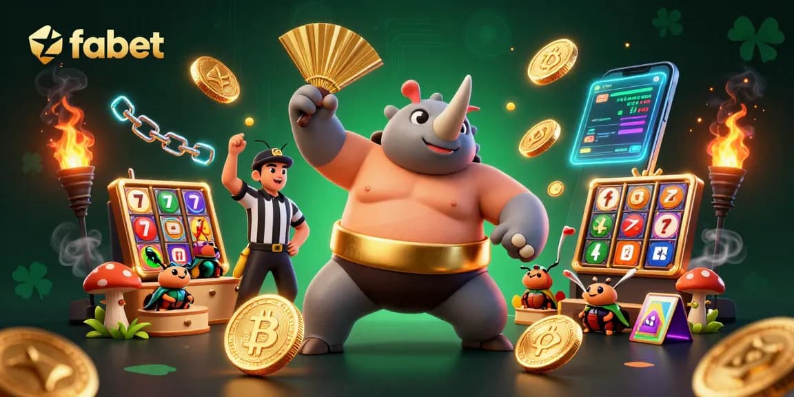 Fabet brings thrilling action with a sumo champion beetle amidst flying coins in a vibrant casino setting.