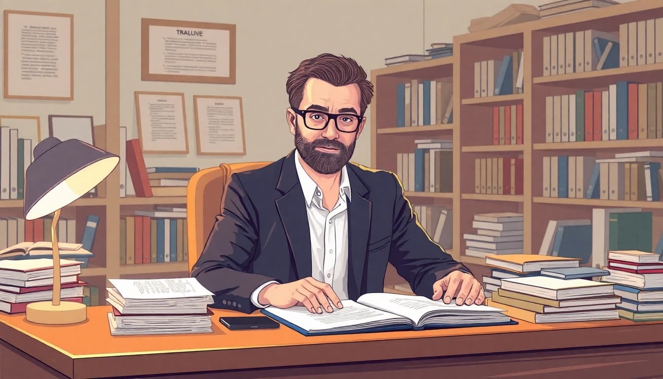 Un traducteur assermenté examinant des documents avec précision, montrant son sérieux.