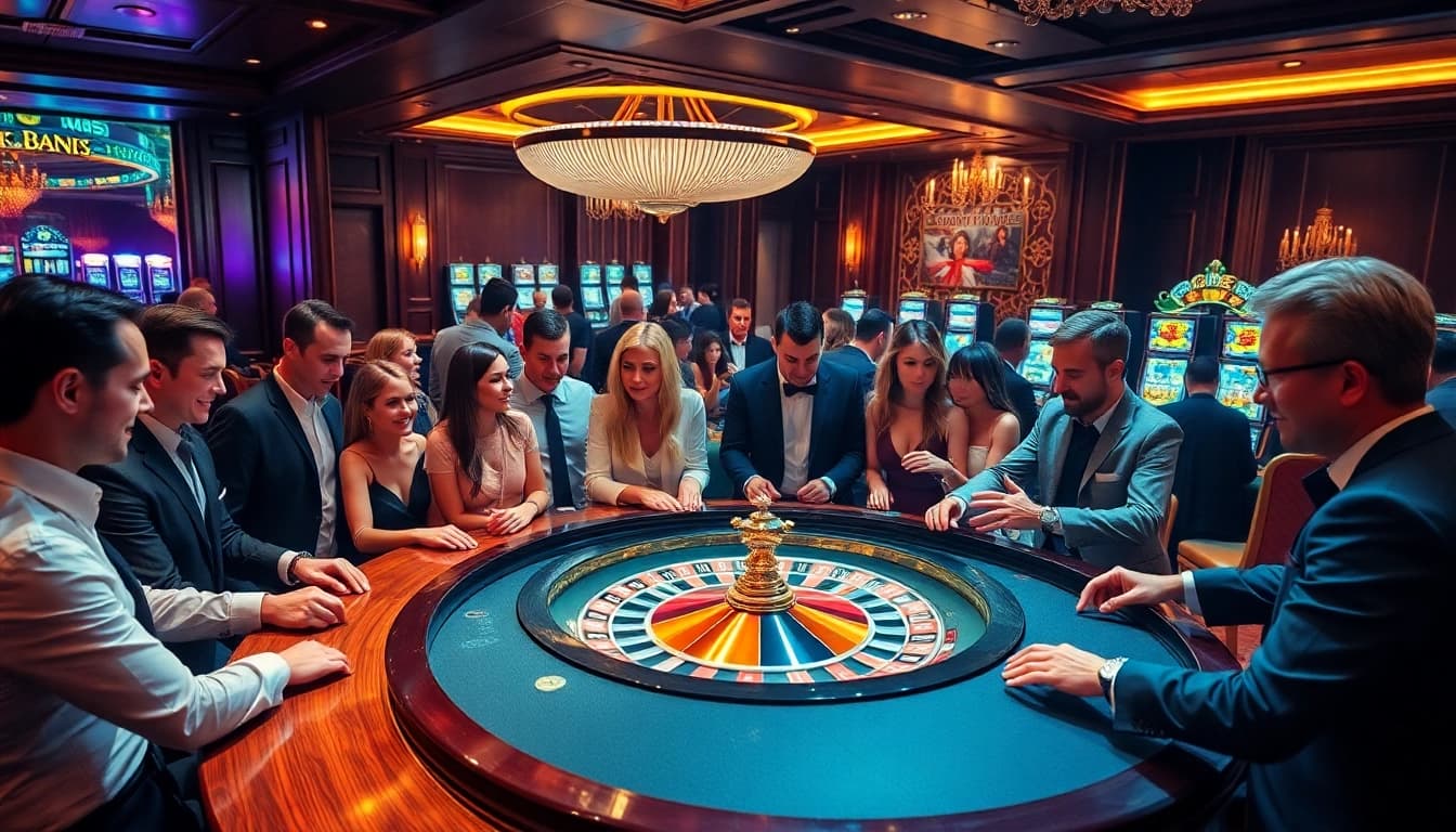 Experience the thrill of the KJC AC 1 casino scene with players at a roulette table, vibrant lights, and luxury ambiance.