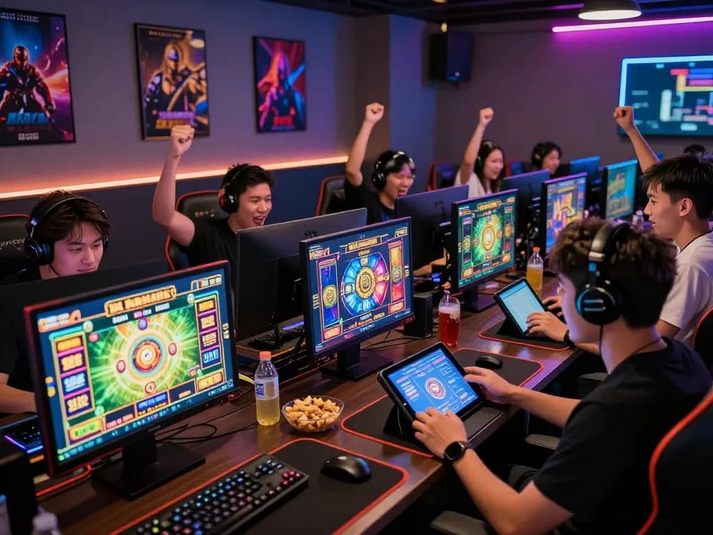 Players enjoying online slots at www.mantra88.com in a lively gaming environment, showcasing excitement and camaraderie.
