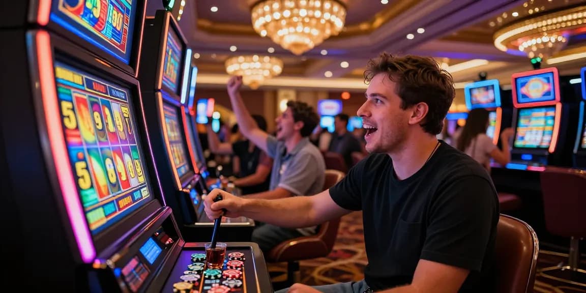 $5,000 slot machine player in a vibrant casino atmosphere.