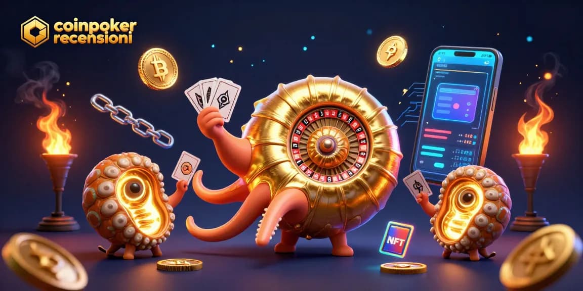 Scopri le valutazioni di coinpoker recensioni mentre una nautilus gigante gioca a poker con criptovalute.