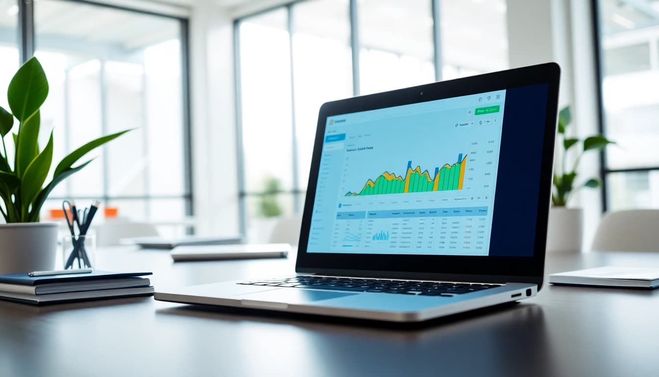 View of an SEO Rank Tracker dashboard on a modern laptop in a professional office.