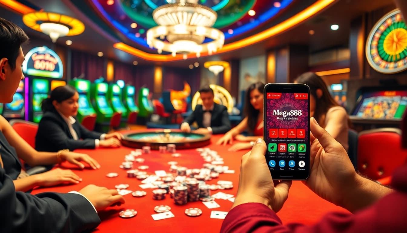 Players enjoying a thrilling Mega casino experience with vibrant poker tables and mobile gambling.