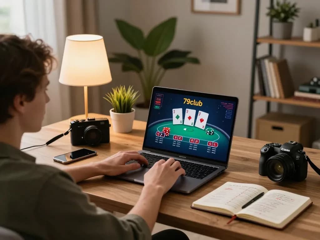 Engaged player using 79club for online poker, showcasing stylish home gaming setup with strategies.