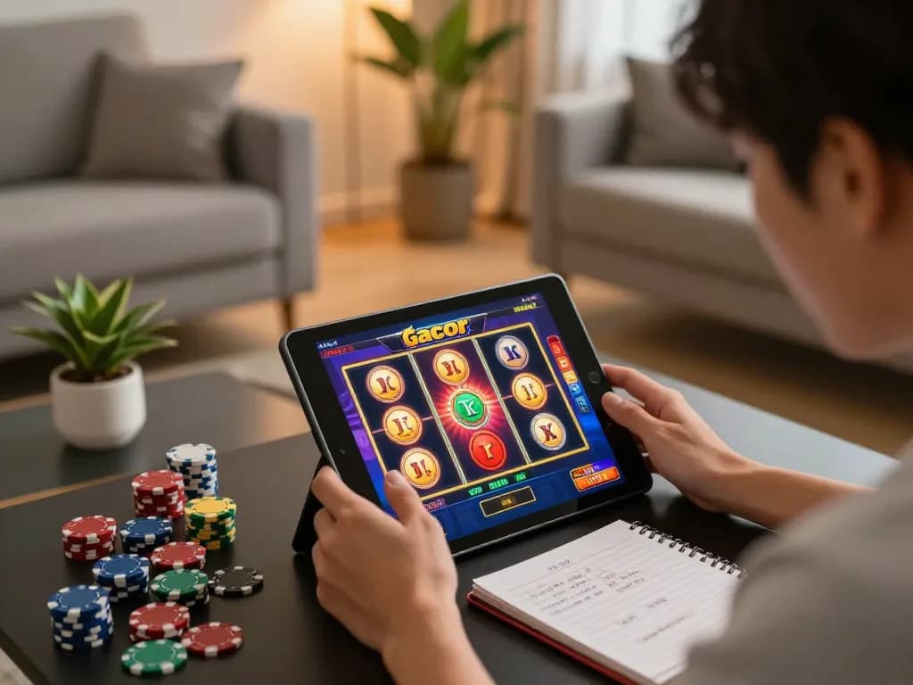 Player enjoying slot gacor on tablet in a cozy living room with poker chips and strategic notes visible.