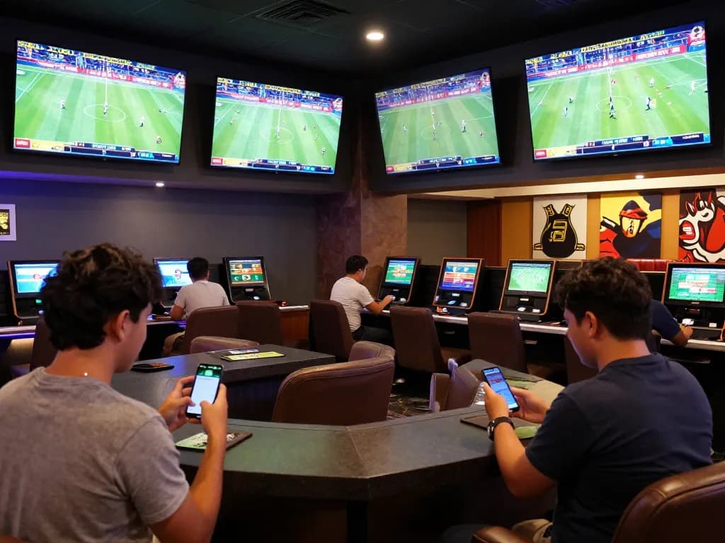 Engaged bettors at 28bet's upscale sportsbook using smartphones for live betting while enjoying vibrant game atmosphere.