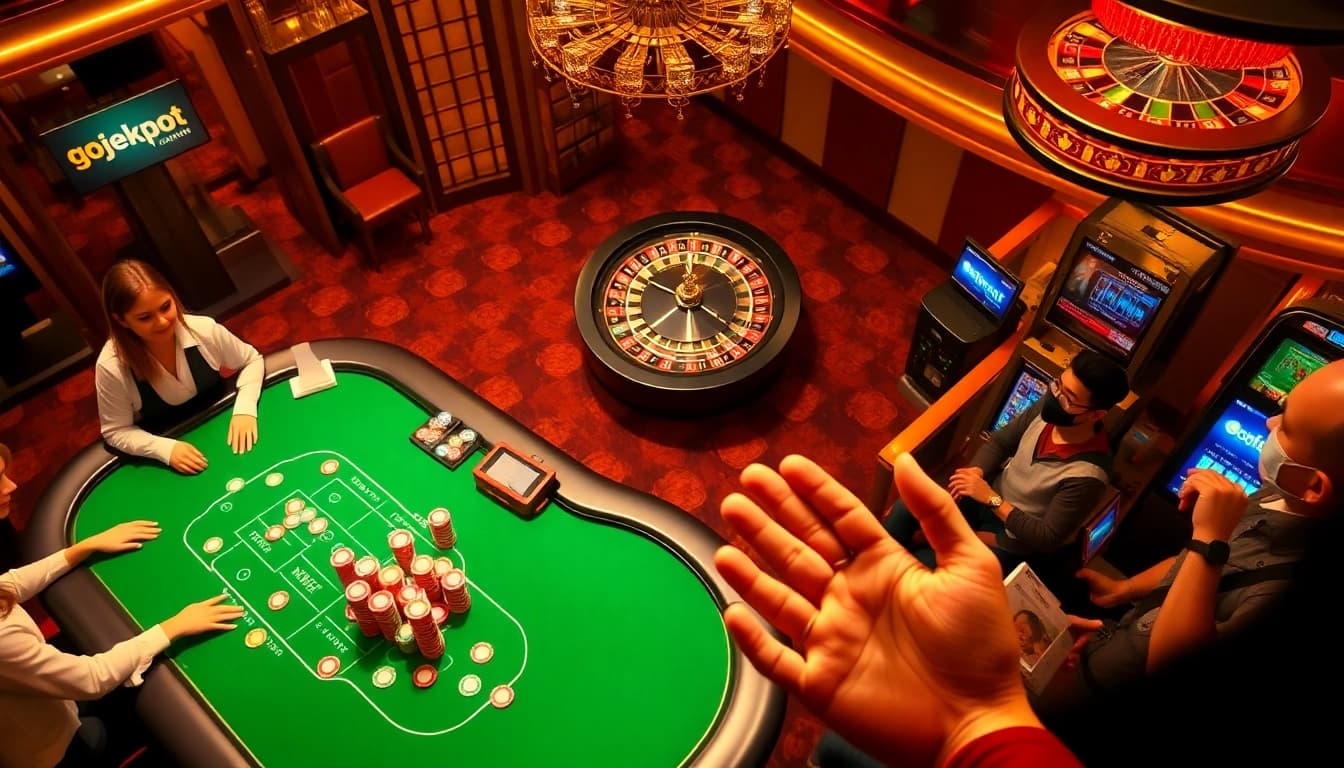 Experience the excitement of gojekpot as players engage in thrilling casino games with vibrant roulette tables and flashing slots.