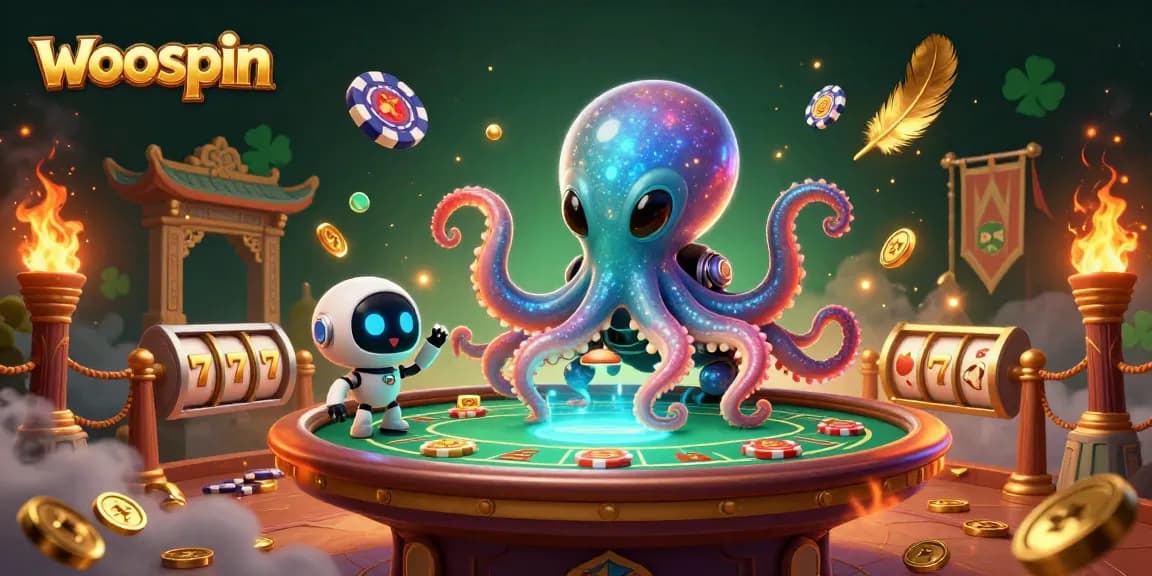 Join the woospin adventure with the alien octopus at the holographic poker table, surrounded by vibrant casino elements.