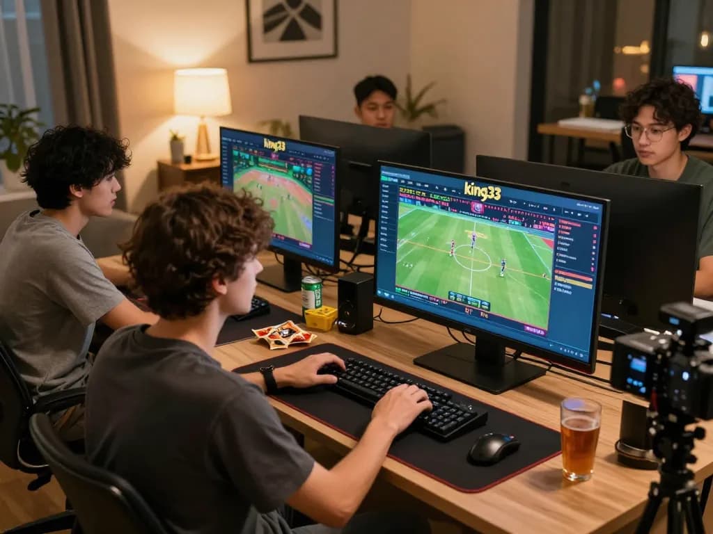 Engaged player using king33 app for live sports betting at home, showcasing modern gaming setup.