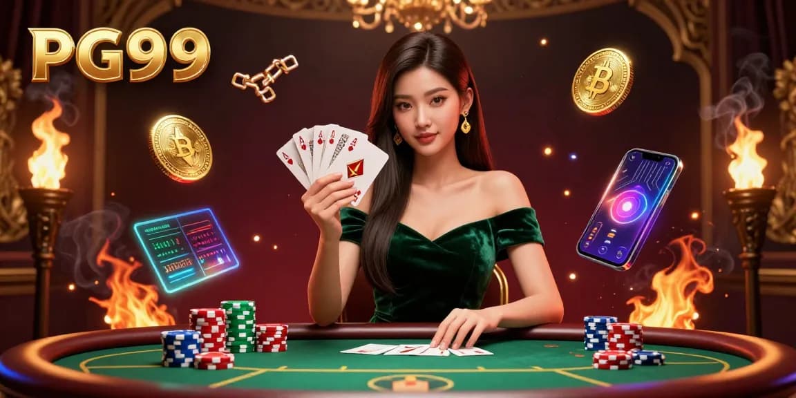 Experience the excitement of PG99 with a stunning poker scene featuring a strategic woman holding cards and surrounded by vibrant game elements.