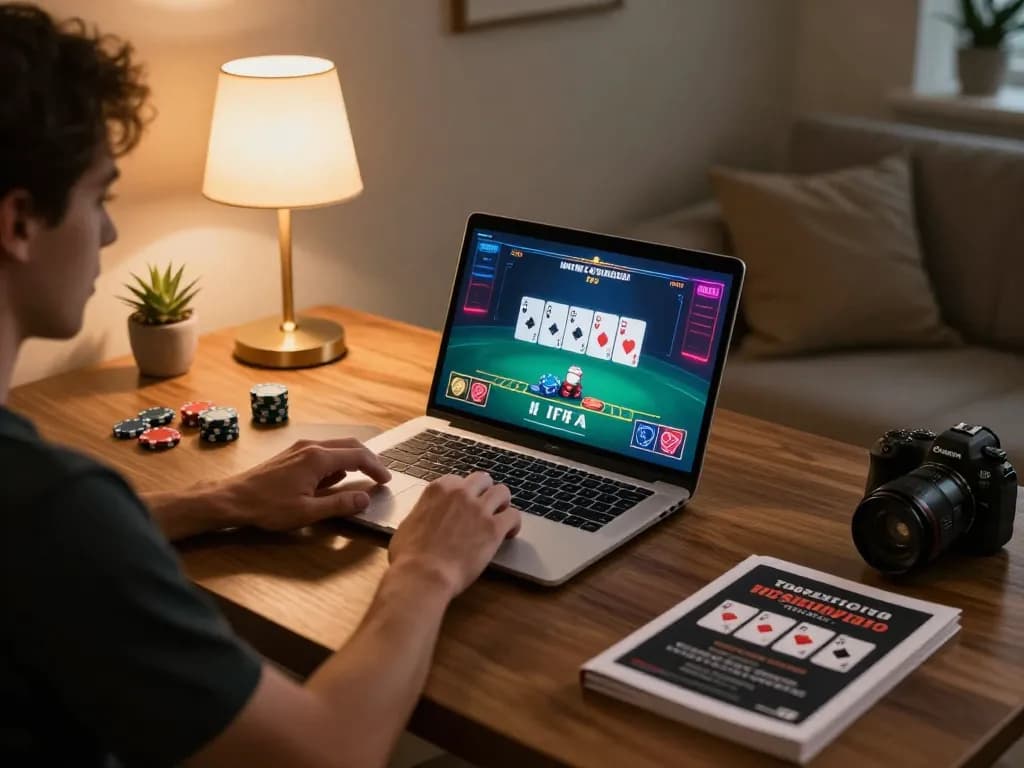 Player strategizing on 98win blackjack game at home with laptop and notes.