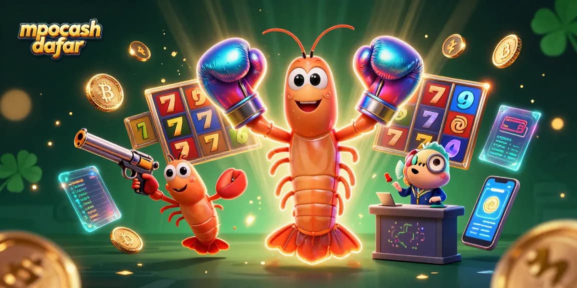 Experience the thrill of mpocash daftar with vibrant slot reels and cryptocurrency elements in a lively casino scene.