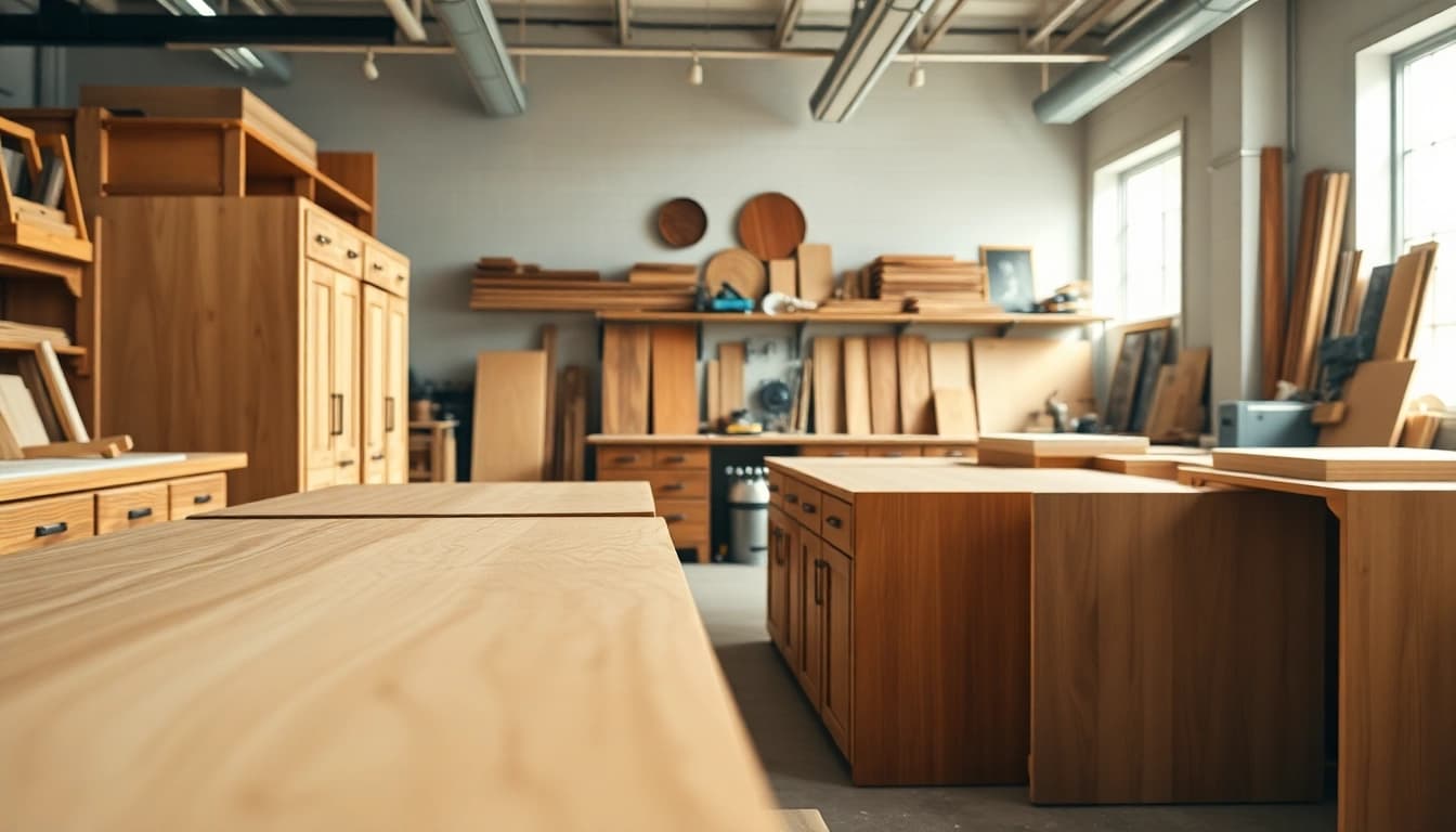 Explore cabinetry craftsmanship in a bright workshop, showcasing intricate woodwork and tools.