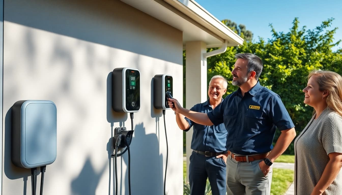 EV charger installation cost scene with a professional electrician and satisfied homeowner in Melbourne.