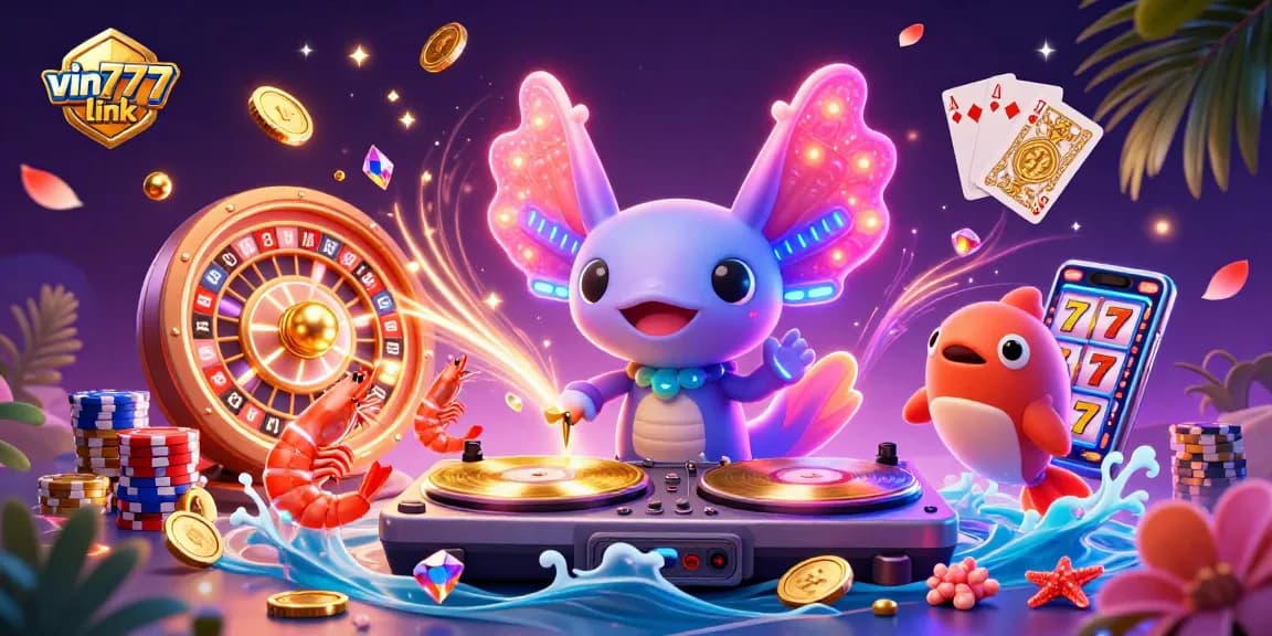 Spinning golden slots and gems in a vibrant 3D scene at vin777link featuring a DJ axolotl and dancing shrimp.