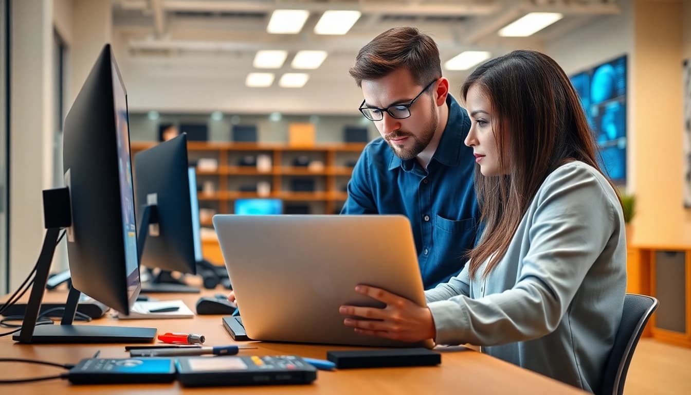 Offering computer help, a technician assists a client with laptop repairs in a professional office.