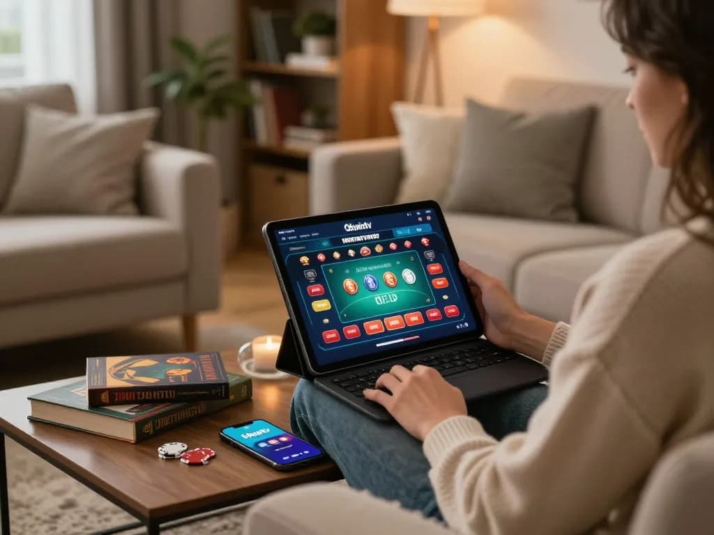 Engaging online gaming with Okwintv on tablet, cozy home atmosphere filled with strategic content.