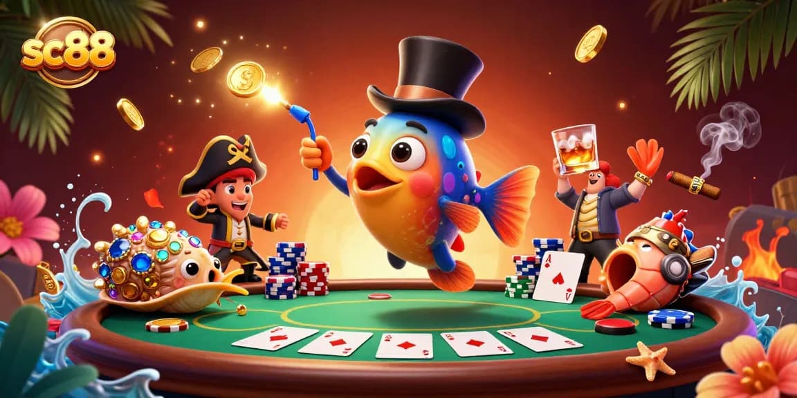 Play exciting games at sc88 while watching the deep-sea anglerfish attract golden coins in a vibrant casino scene.