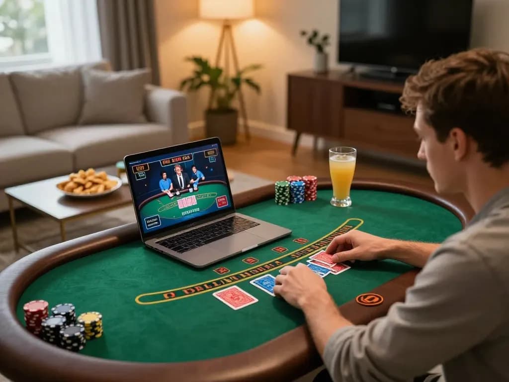 Player engaged in live dealer blackjack at home, showcasing du88. gaming strategy in a relaxed environment.