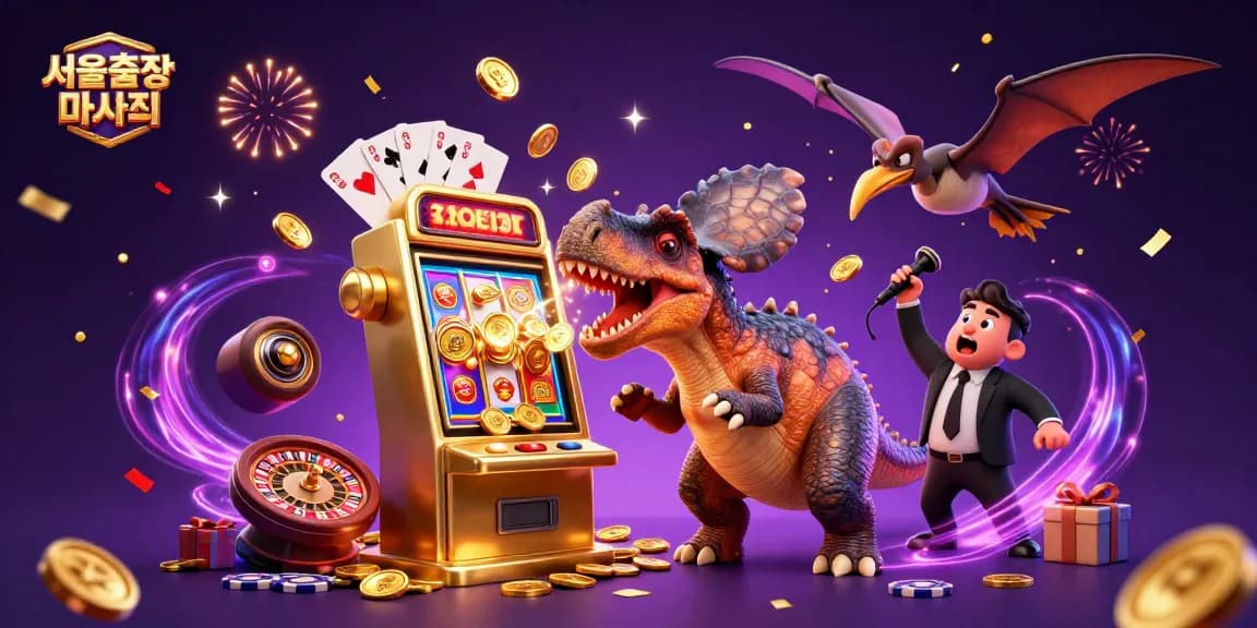 Experience 서울출장마사지 with a playful pachycephalosaurus hitting a golden slot machine in this action-packed scene.