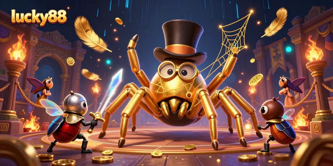 Engage with lucky88 at a vibrant 3D casino scene, showcasing a golden tarantula and brave knight amid gold coins and spectacular gaming.