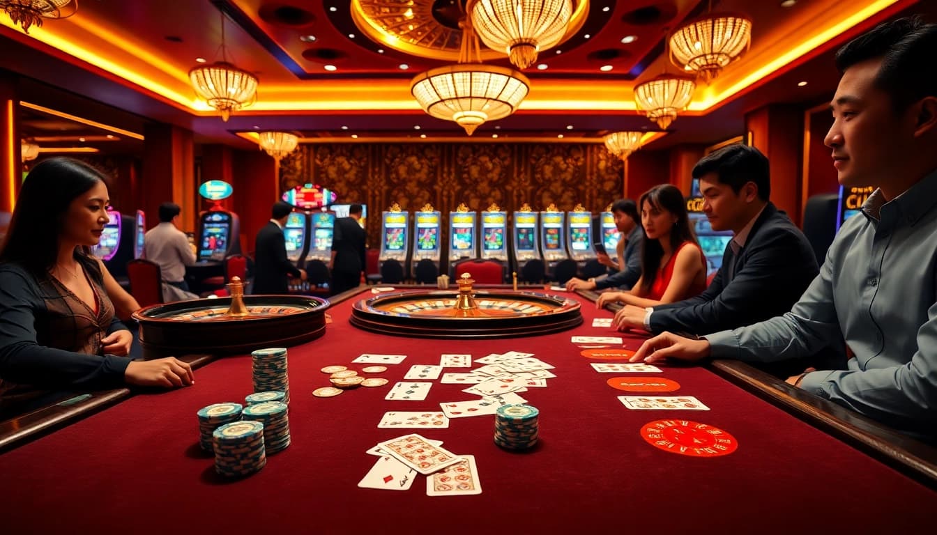 Engaged players at nhà cái go8 casino table, vibrant atmosphere with roulette and poker chips.