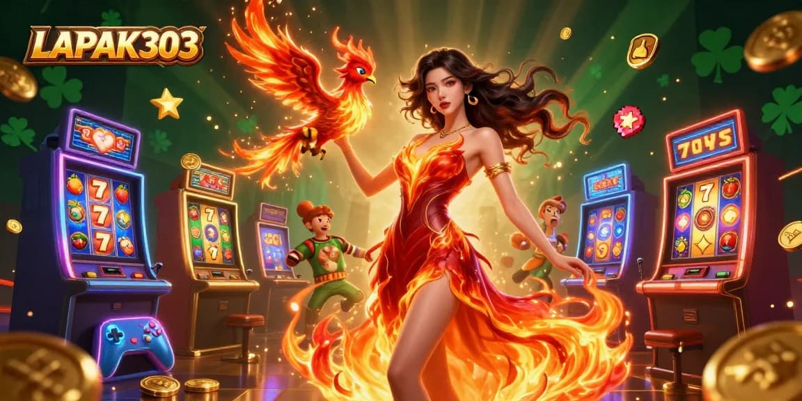 LAPAK303 engages players with vibrant slot machines and a stunning character illustration.
