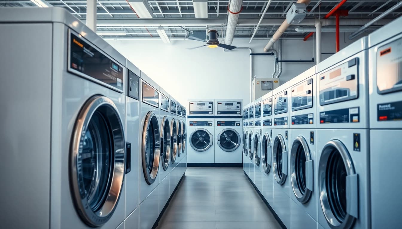 Laundry Equipment Suppliers showcasing modern commercial laundry machines and efficient workspace.