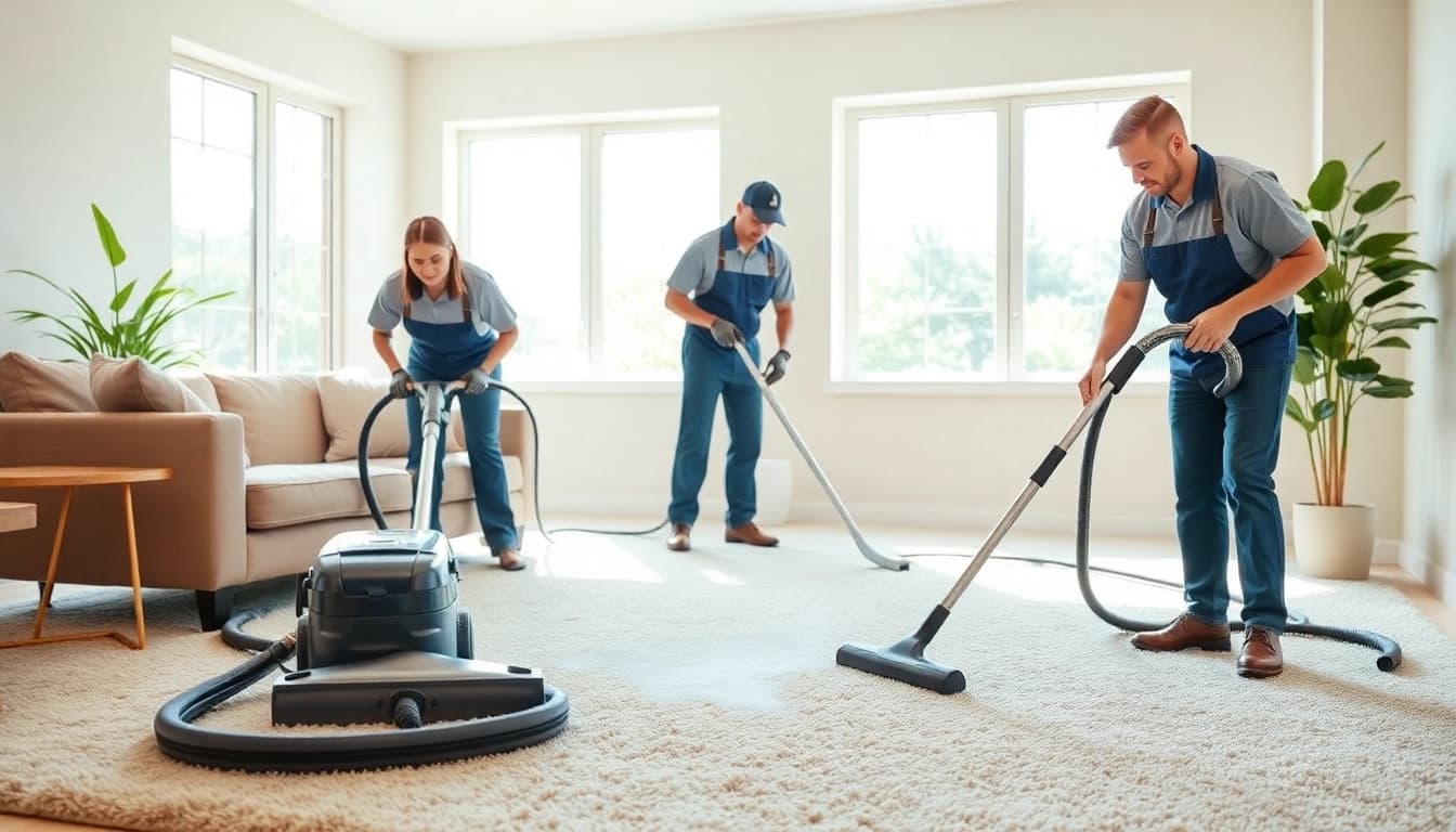 Carpet cleaning Dubai service in action, showing skilled technicians in a bright living room.