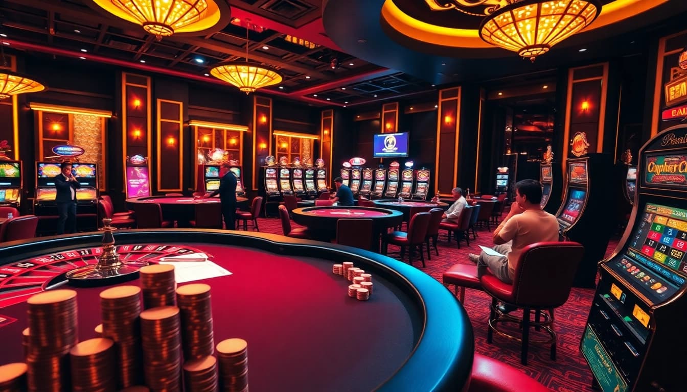Experience exciting games at 88xx.com with vibrant casino scenes showcasing poker tables and slot machines.