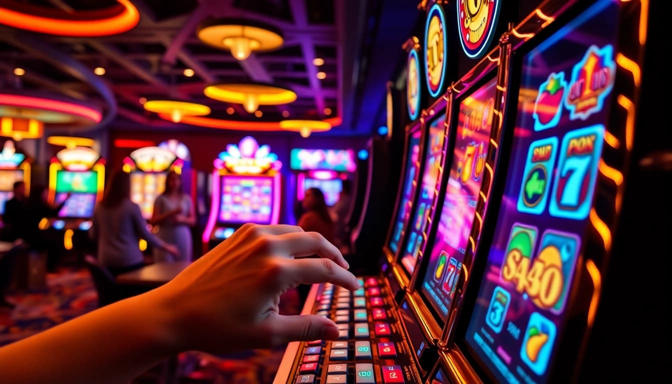 Menggambarkan pengalaman seru bermain ondel4d slot di kasino modern dengan mesin slot berwarna cerah.