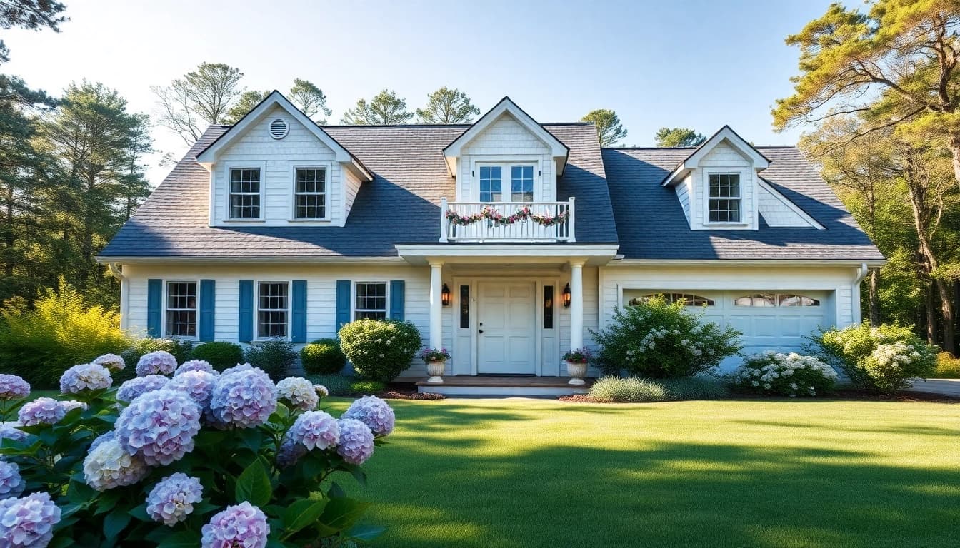 Beautiful Cape Cod home with an attached garage surrounded by lush greenery.