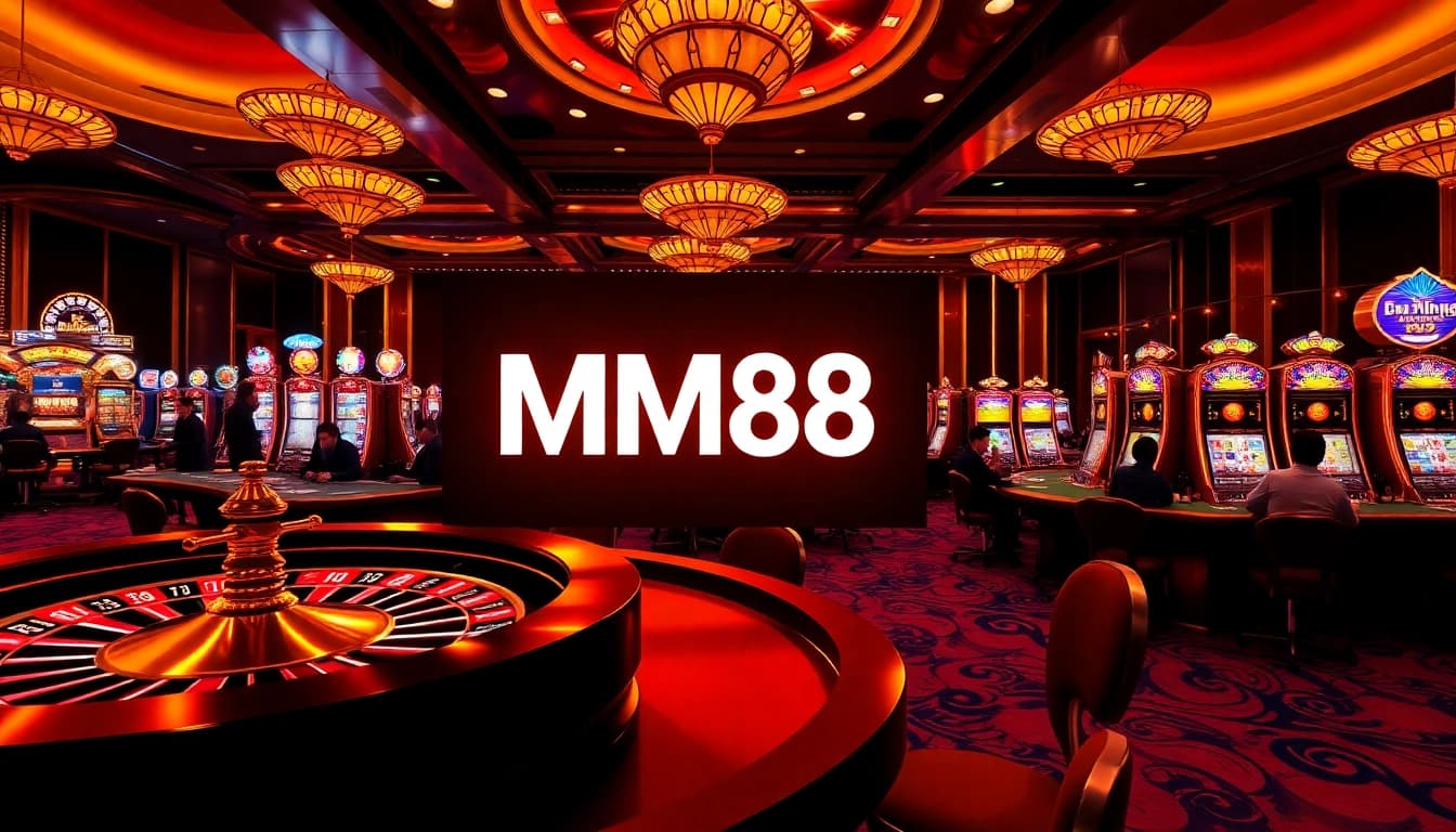 Exciting gambling atmosphere featuring MM88 logo with roulette and poker elements.
