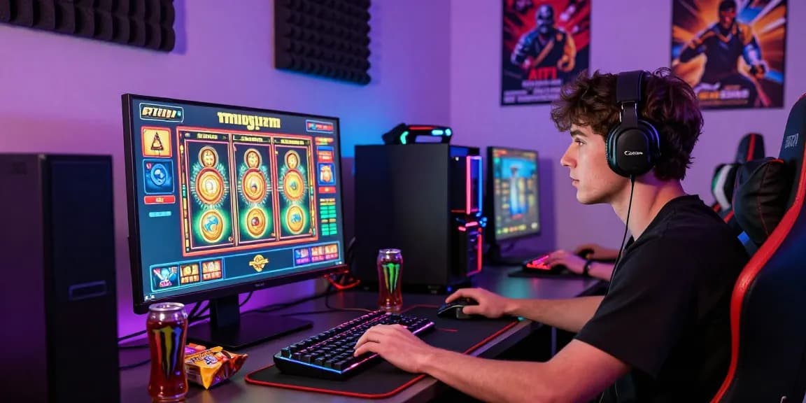Engaged gamer enjoying slot deposit 5k games in a vibrant gaming room.