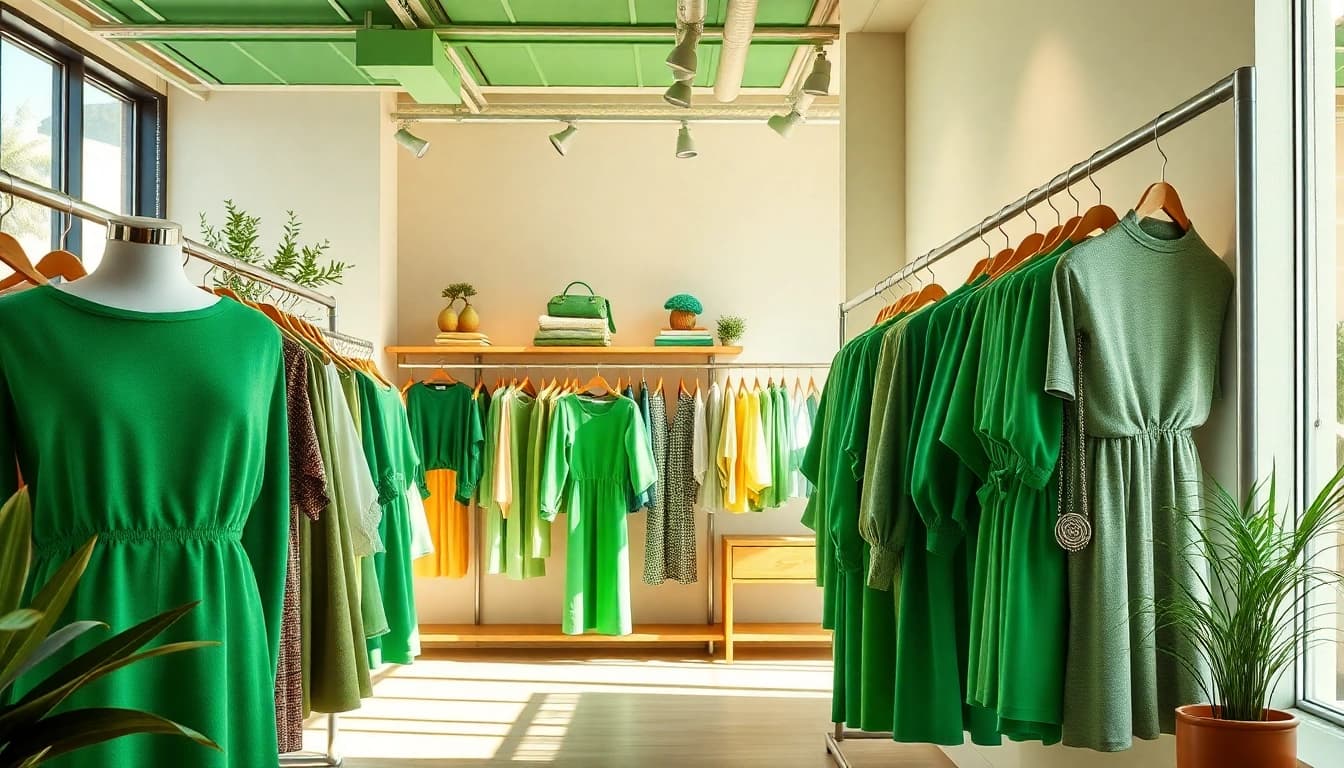 Stylish fashion apparel feature in green BOTOL169 hues, showcased in a trendy boutique environment.