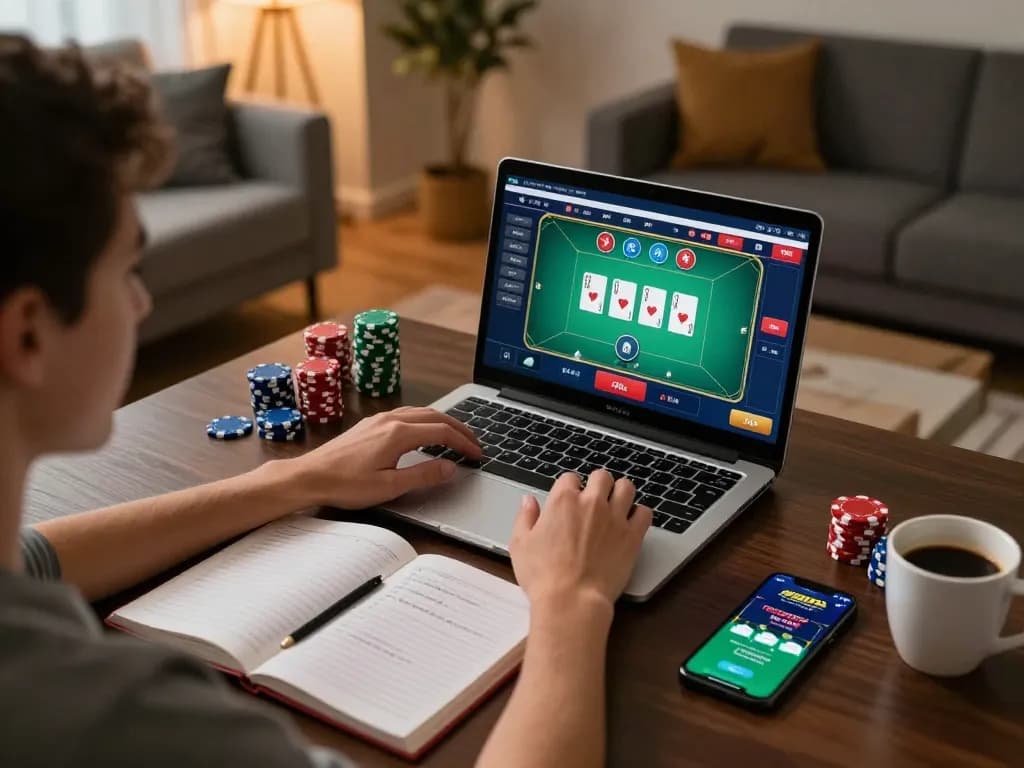 Engaged player at https://www.mnm88.com/ immersed in an online poker game sitting at a stylish home setup.