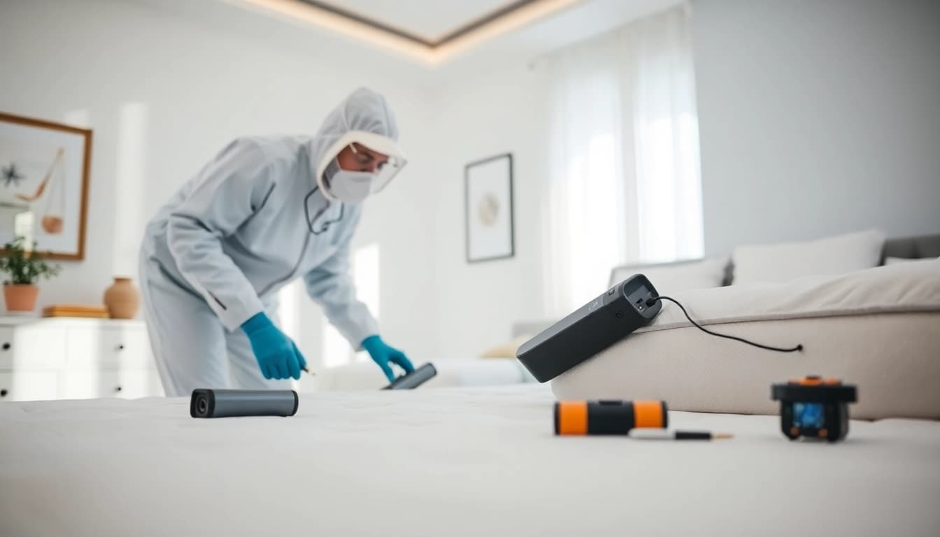 bed bug exterminator working in a clean, modern bedroom setting with advanced inspection tools