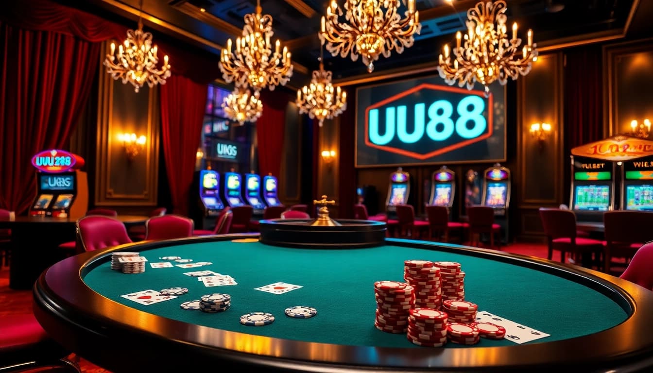 Experience thrilling gameplay at UU88 with vibrant casino tables, cards, and chips.