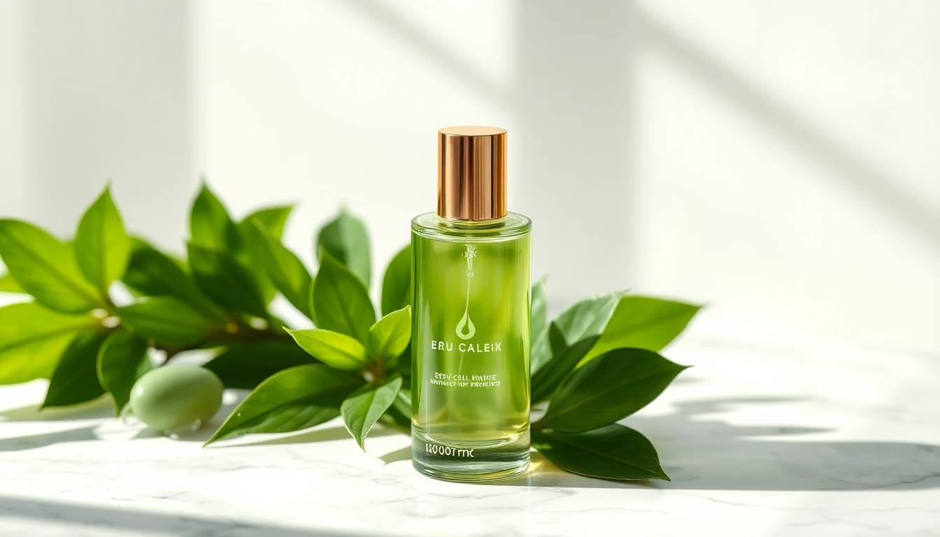 Showcasing stem cell skincare product in a natural setting, highlighting its rejuvenating qualities.