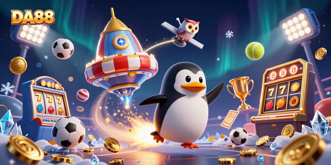 Experience thrilling gameplay with DA88's vibrant casino universe, featuring a dynamic penguin in space.