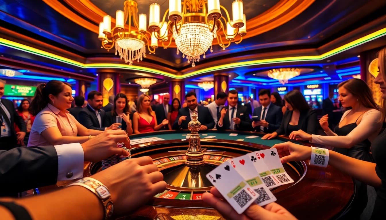 Experience exhilarating casino action with players donning personalized tyvek apyrankes at a vibrant roulette table.