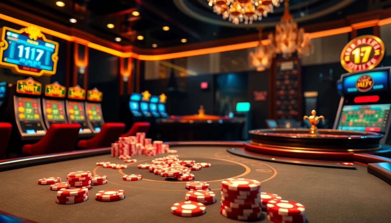 Thabet gaming action at an elegant casino table with vibrant poker chips.